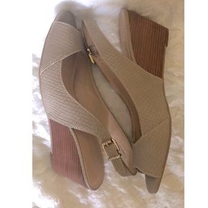 BCBGeneration Tan Sling Back Sandals with 2.75” Wedge Heels 8B